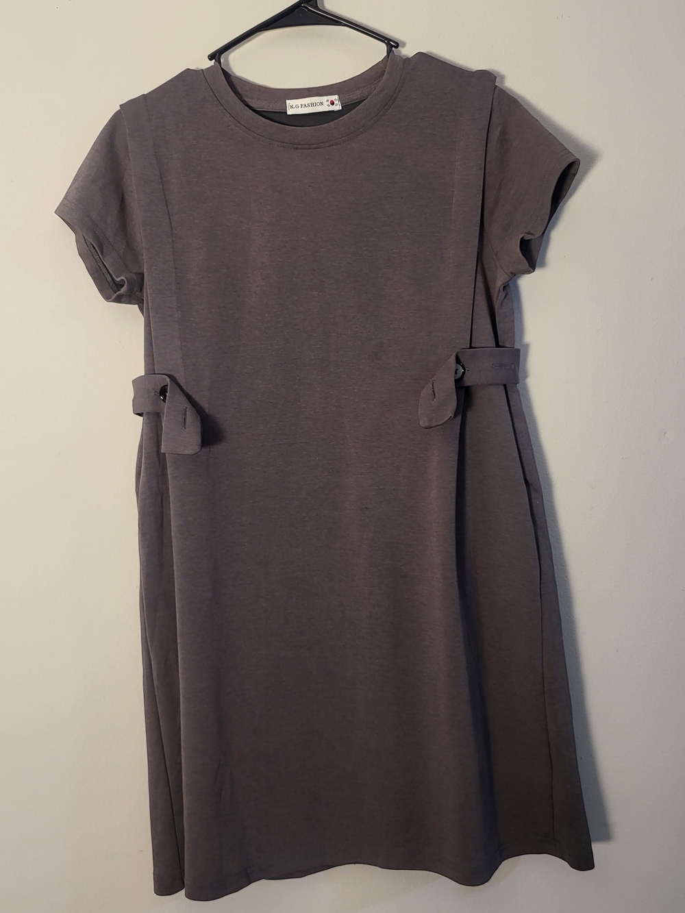 Gray Short-Sleeve Belted A-Line Dress